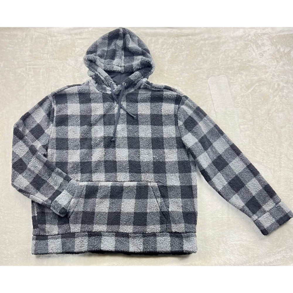 EUC Express Men Buffalo Plaid Sherpa Fleece Hoodie Gray Black Pullover Size XL